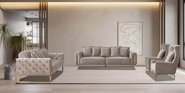 Antalya Luxury Light Cream Velvet Sofa Set with Gold Detailing - Elegant Chesterfield Design - UK Luxury Furniture